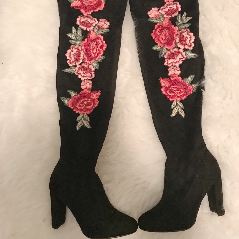 Thigh High Floral Embroidered high heeled boots